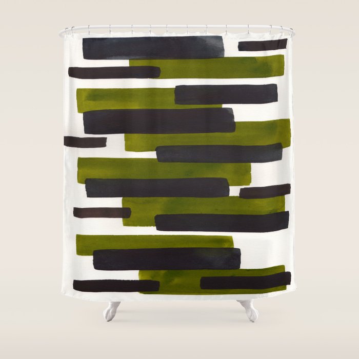 Olive Green Primitive Stripes Mid Century Modern Minimalist Watercolor Gouache Painting Colorful Str Shower Curtain
