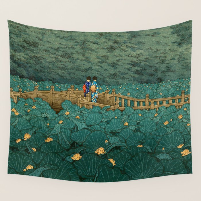 Vintage Japanese Woodblock Print Kawase Hasui Japanese Children Lotus Flowers Garden Wooden Bridge Wall Tapestry