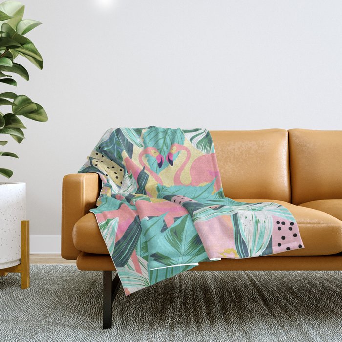 Flamingo Tropical, Colorful Modern Bohemian Eclectic Jungle Graphic Design, Blush Forest Gold Floral Throw Blanket