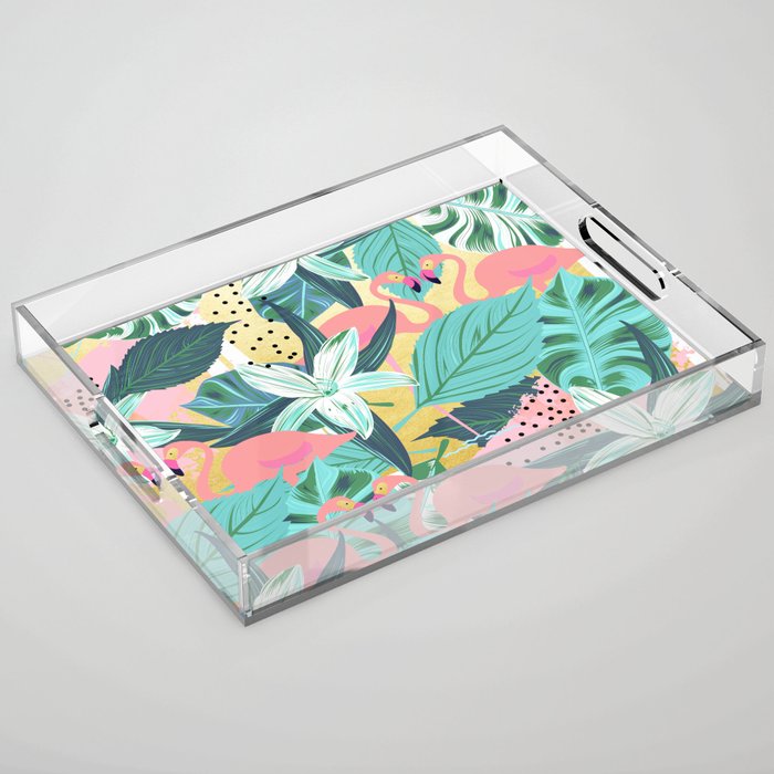 Flamingo Tropical, Colorful Modern Bohemian Eclectic Jungle Graphic Design, Blush Forest Gold Floral Acrylic Tray
