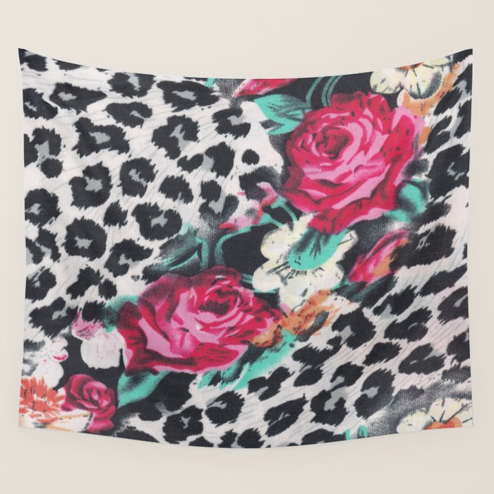 Vintage Black White Pink Floral Cheetah Animal Print Wall Tapestry