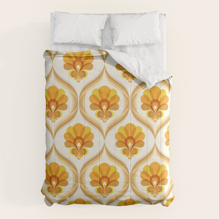Ivory, Orange, Yellow And Brown Floral Retro Vintage Pattern Comforter