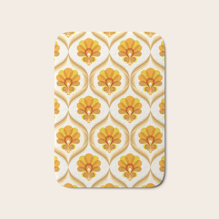 Ivory, Orange, Yellow And Brown Floral Retro Vintage Pattern Bath Mat