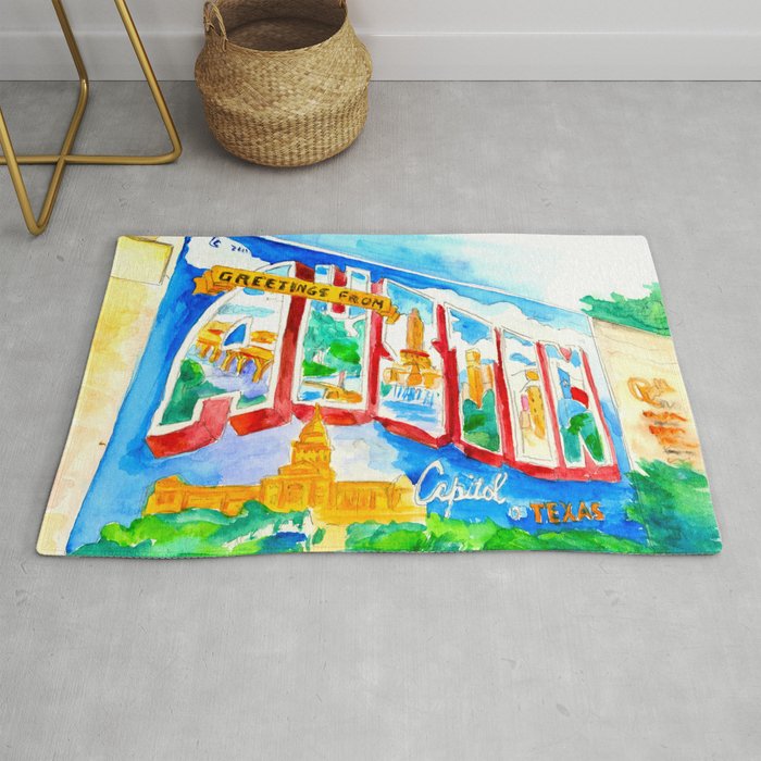 Greetings From Austin Mural Watercolor Rug