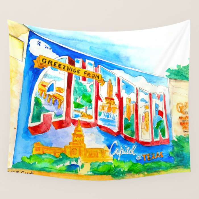Greetings From Austin Mural Watercolor Wall Tapestry