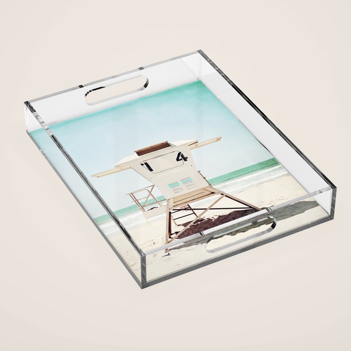 Lifeguard Stand, Beach Photography, San Diego California, Blue Aqua Seashore Ocean Summer Art Acrylic Tray
