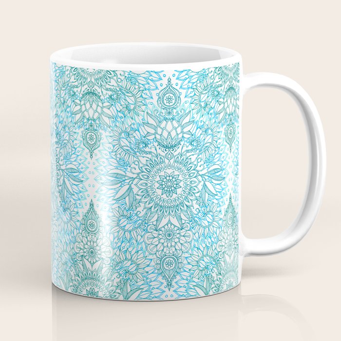 Turquoise Blue, Teal & White Protea Doodle Pattern Coffee Mug