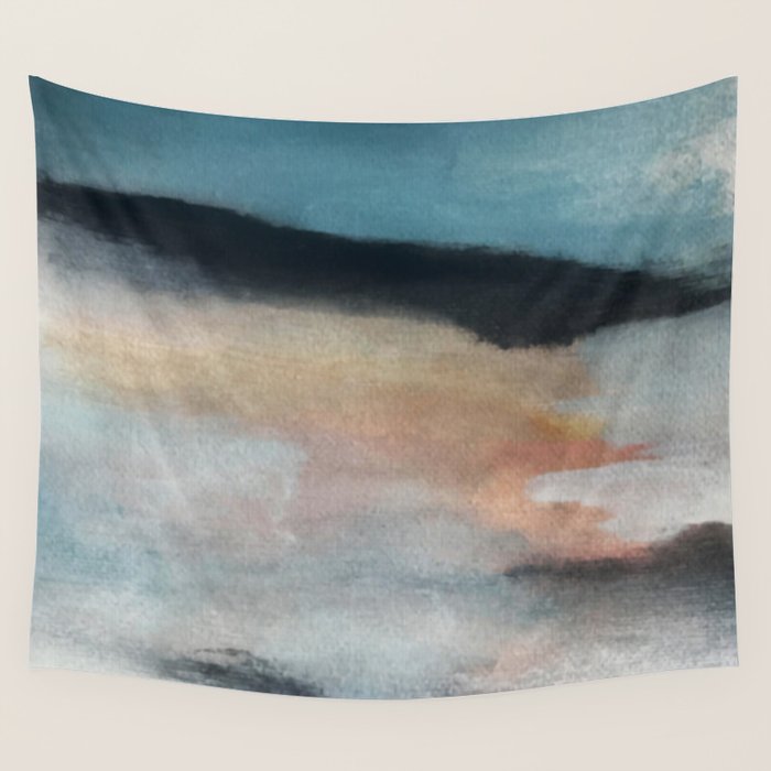 Dawn: A Minimal Abstract Acrylic Piece In Pink, Blues, Yellow, And White Wall Tapestry