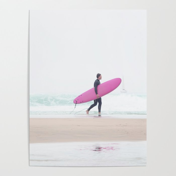 Surfing Beach Vibes - Pink Surf Board - Ocean Print - Sea Travel Photography By Ingrid Beddoes Poster