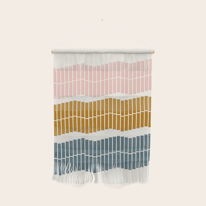 Minimalist Wavy Geometric Pattern In Pink, Gold, And Blue Wall Hanging