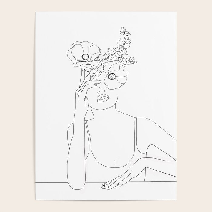 Minimal Line Art Woman With Flowers Ii Poster