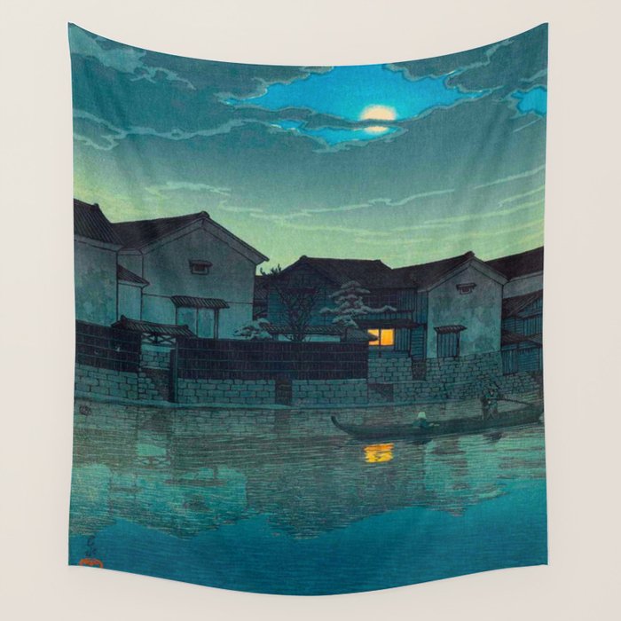 Kawase Hasui Vintage Japanese Woodblock Print Japanese Village Under Moonlight Cloudy Sky Wall Tapestry