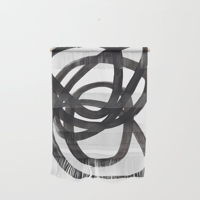 Black And White Minimalist Mid Century Abstract Ink Art Circle Swirls Black Circles Minimal Wall Hanging