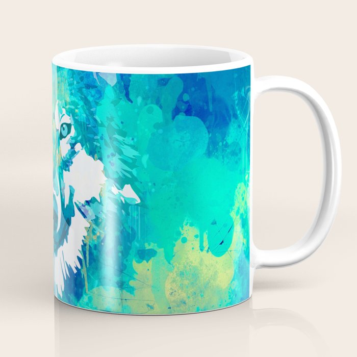 Teal Yellow Hand Painted Watercolor Wolf Coffee Mug