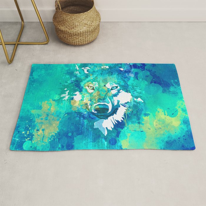 Teal Yellow Hand Painted Watercolor Wolf Rug