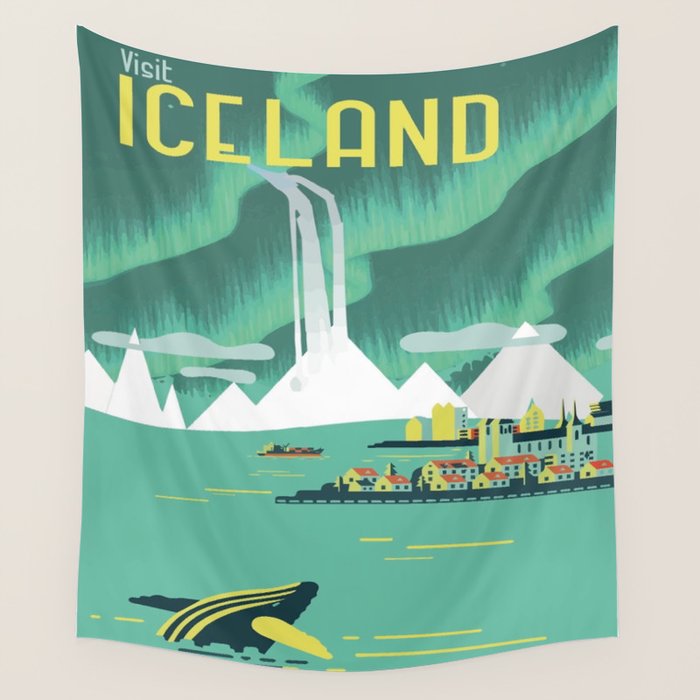 Vintage Mid Century Modern Iceland Scandinavian Travel Poster Ocean Whale Winter Village Wall Tapestry
