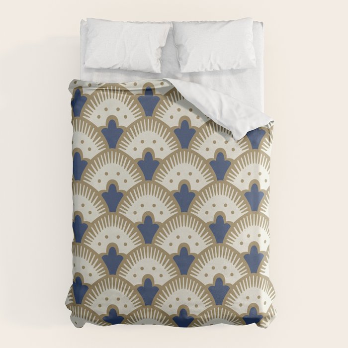 Art Deco Fan Pattern Blue And Gold Duvet Cover