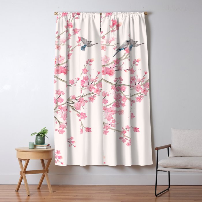 Birds And Cherry Blossoms Window Curtain