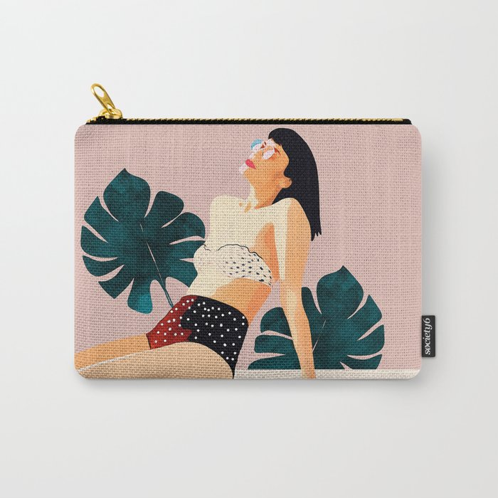 Sunday, Summer Swim Poolside Fashion, Bohemian Woman Sunbath Tan Bikini Monstera Tropical Travel Carry All Pouch