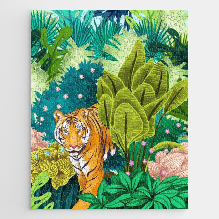 Jungle Tiger | Modern Bohemian Colorful Forest | Tropical Botanical Nature Watercolor Painting Jigsaw Puzzle