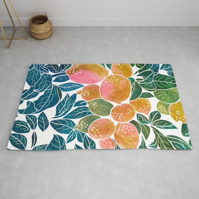 Lemons | Watercolor Modern Boho Botanical Painting | Pastel Summer Jungle Garden Juicy Fresh Rug