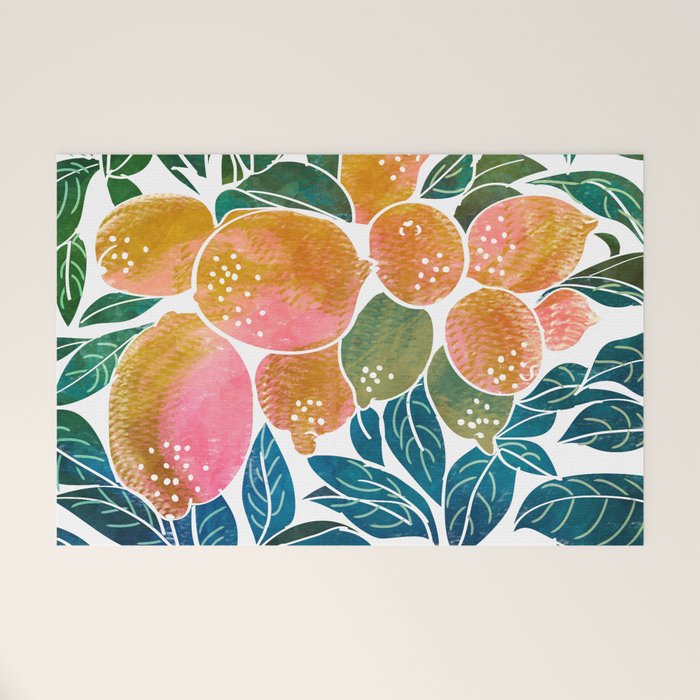 Lemons | Watercolor Modern Boho Botanical Painting | Pastel Summer Jungle Garden Juicy Fresh Welcome Mat