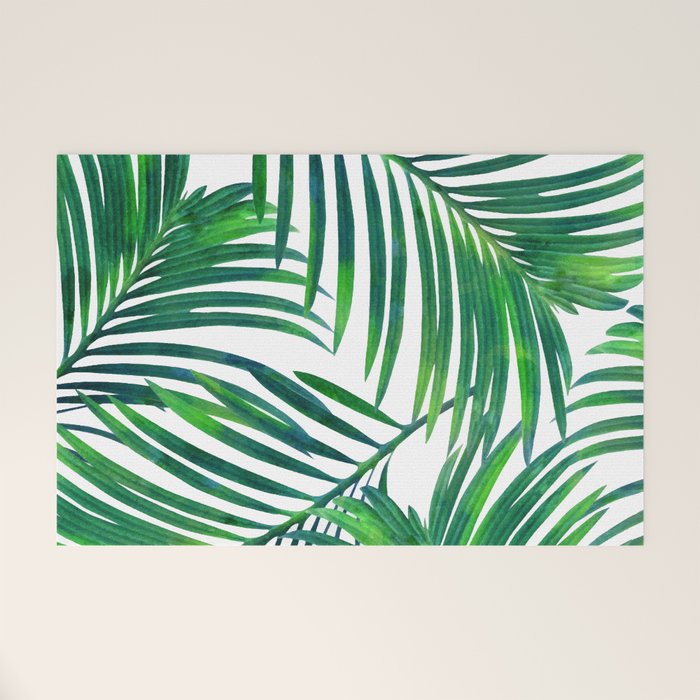 Palm Paradise, Tropical Leaves, Beachy Watercolor Painting, Minimal Nature Botanical Illustration Welcome Mat