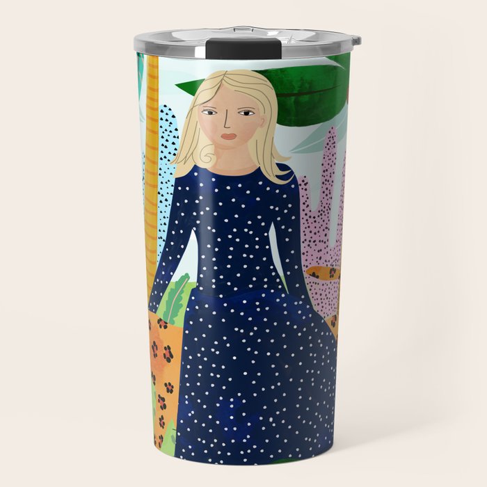 African Safari, Colorful Tropical Jungle Travel, Botanical Watercolor, Blonde Woman With A Leopard Travel Mug