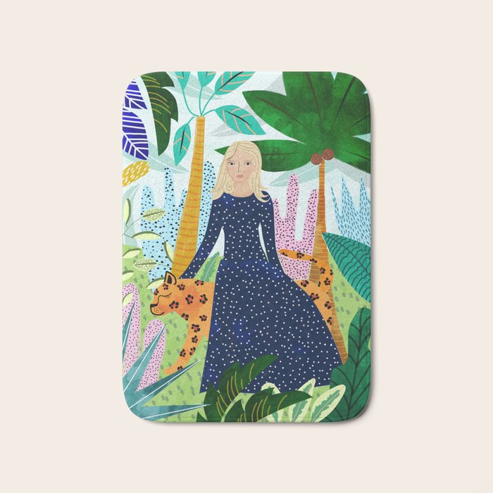 African Safari, Colorful Tropical Jungle Travel, Botanical Watercolor, Blonde Woman With A Leopard Bath Mat