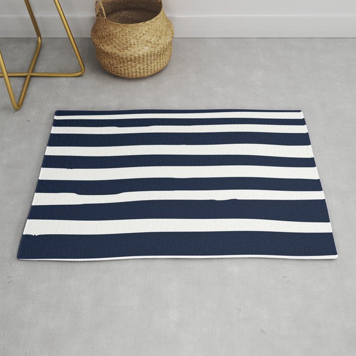 Ocean Stripes, Modern, Abstract, Navy Blue And White Rug