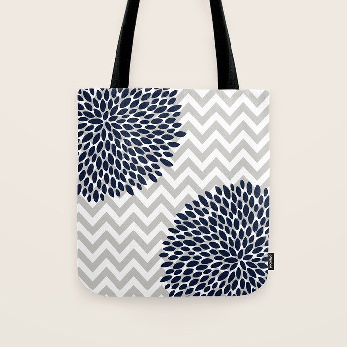Chevron Floral Modern Navy And Grey Tote Bag
