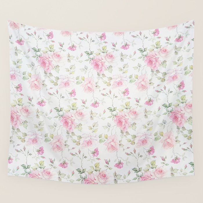 Elegant Blush Pink White Vintage Rose Floral Wall Tapestry
