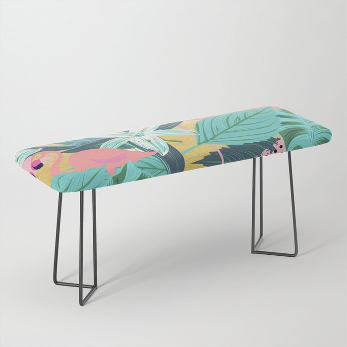 Flamingo Tropical, Colorful Modern Bohemian Eclectic Jungle Graphic Design, Blush Forest Gold Floral Bench