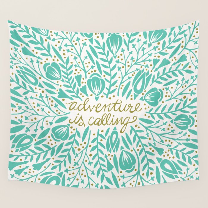 Adventure Is Calling - Turquoise & Gold Palette Wall Tapestry