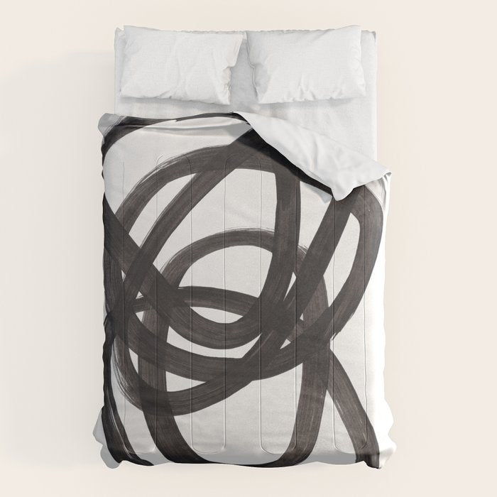 Black And White Minimalist Mid Century Abstract Ink Art Circle Swirls Black Circles Minimal Comforter