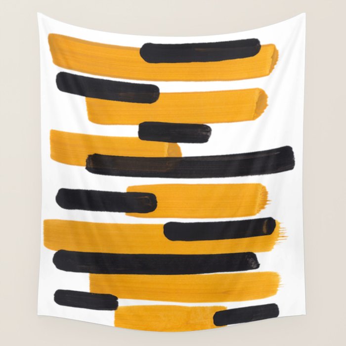 Mid Century Abstract Black & Yellow Fun Pattern Mustard Striped Primitive Stripes Wall Tapestry