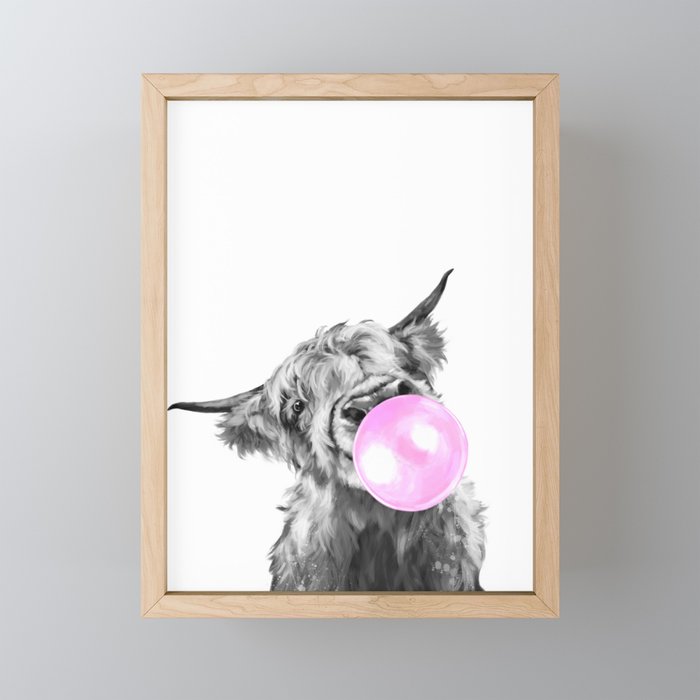 Bubble Gum Highland Cow Black And White Mini Art Print