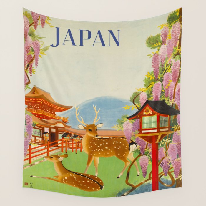 Vintage Mid Century Modern Japan Travel Poster Deer Red Pagoda Wisteria Garden Wall Tapestry