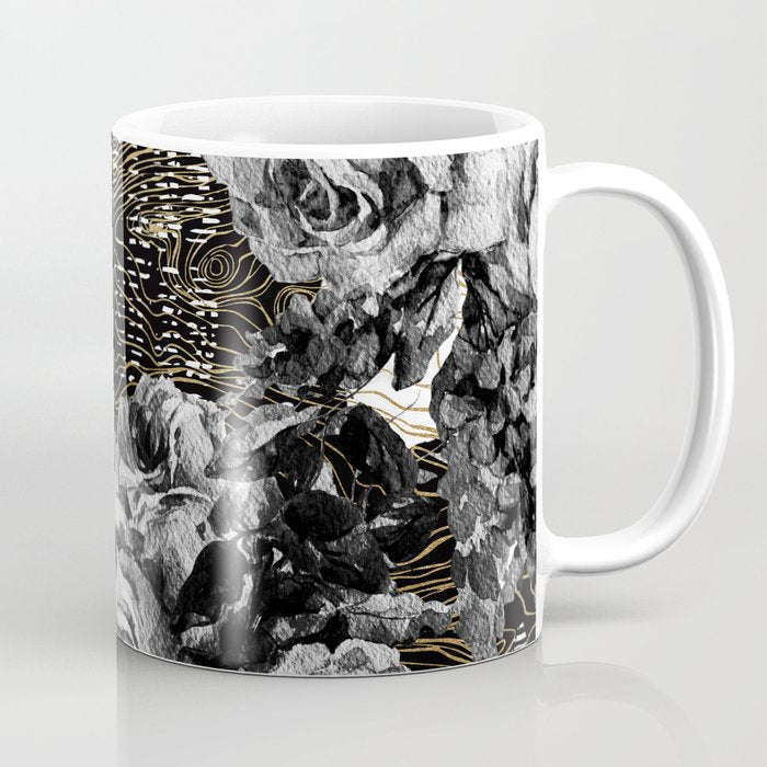 Dark Abstract Bloom Over Golden Lines Coffee Mug