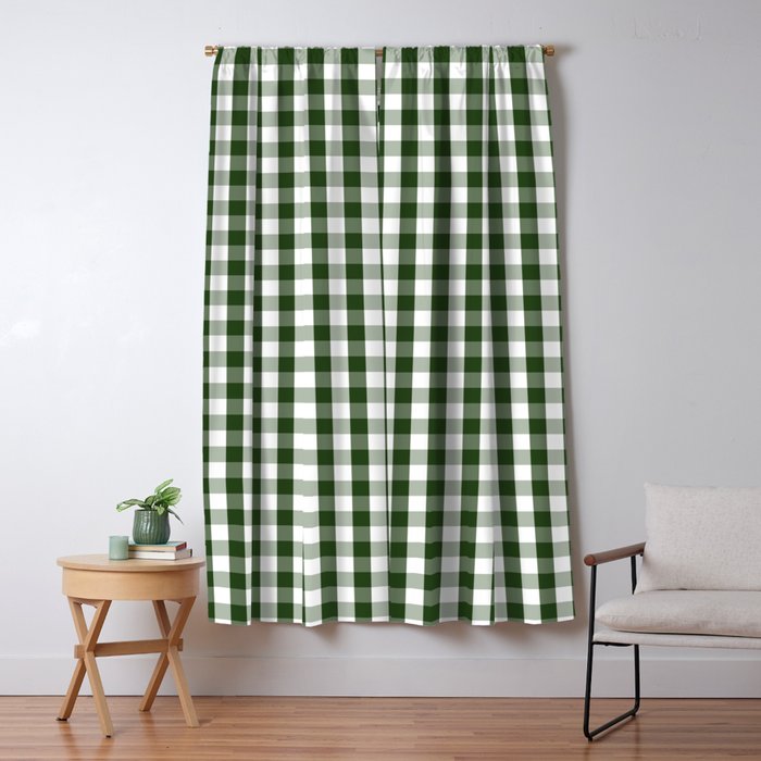 Dark Forest Green And White Gingham Check Window Curtain