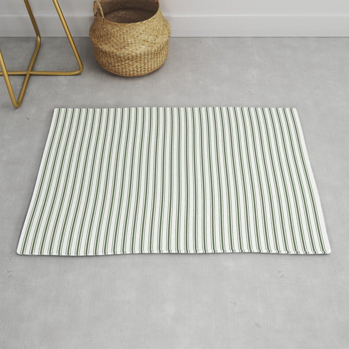 Small Dark Forest Green And White Mattress Ticking Stripes Rug