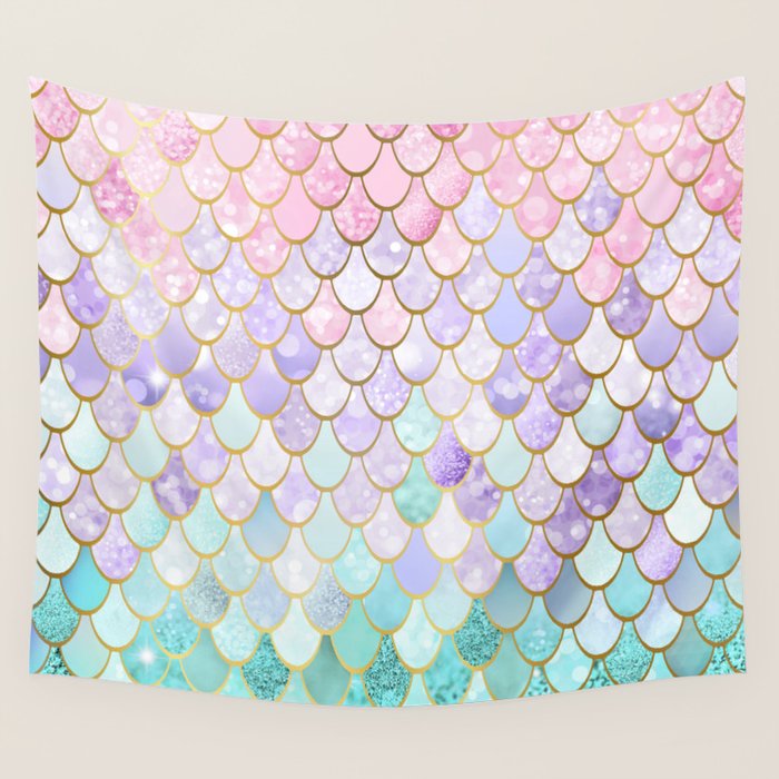 Mermaid Art, Pastel And Gold Wall Tapestry