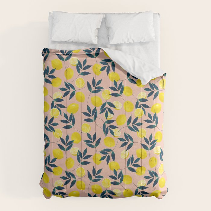 Lemon Goodness, Botanical Nature Forest Illustration, Bohemian Blush Colorful Painting Comforter