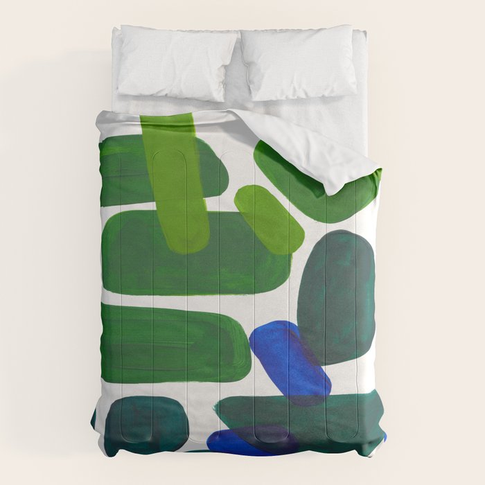 Mid Century Vintage Abstract Minimalist Colorful Pop Art Phthalo Blue Lime Green Pebble Shapes Comforter