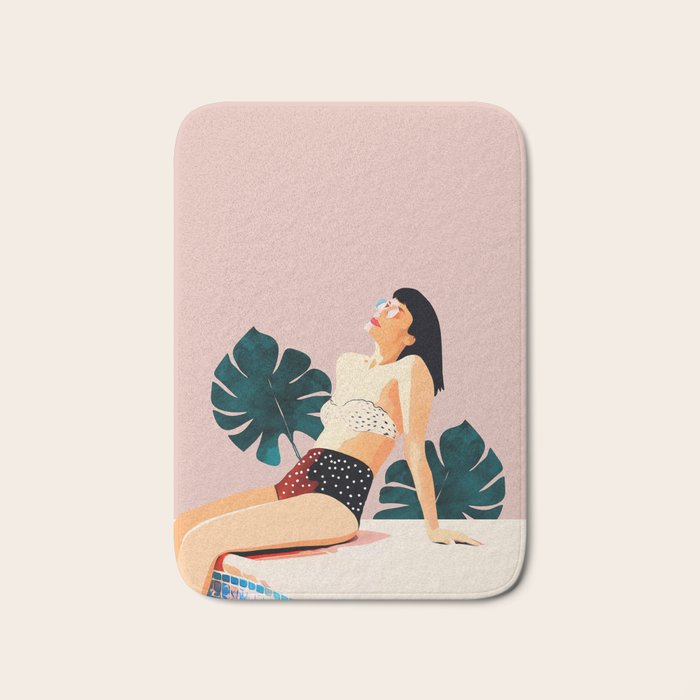 Sunday, Summer Swim Poolside Fashion, Bohemian Woman Sunbath Tan Bikini Monstera Tropical Travel Bath Mat