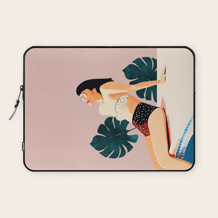 Sunday, Summer Swim Poolside Fashion, Bohemian Woman Sunbath Tan Bikini Monstera Tropical Travel Laptop Sleeve