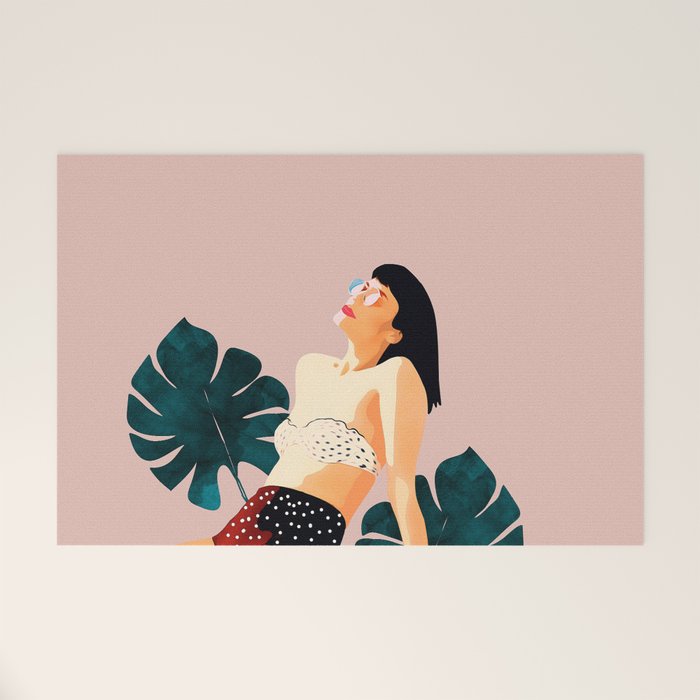 Sunday, Summer Swim Poolside Fashion, Bohemian Woman Sunbath Tan Bikini Monstera Tropical Travel Welcome Mat