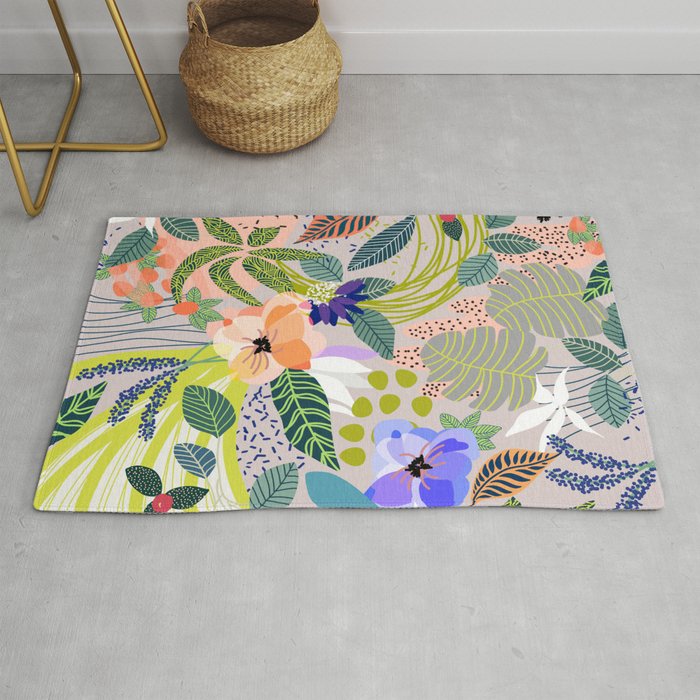 Wander, Floral Colorful Summer Modern Bohemian Illustration, Nature Blush Botanical Tropical Garden Rug
