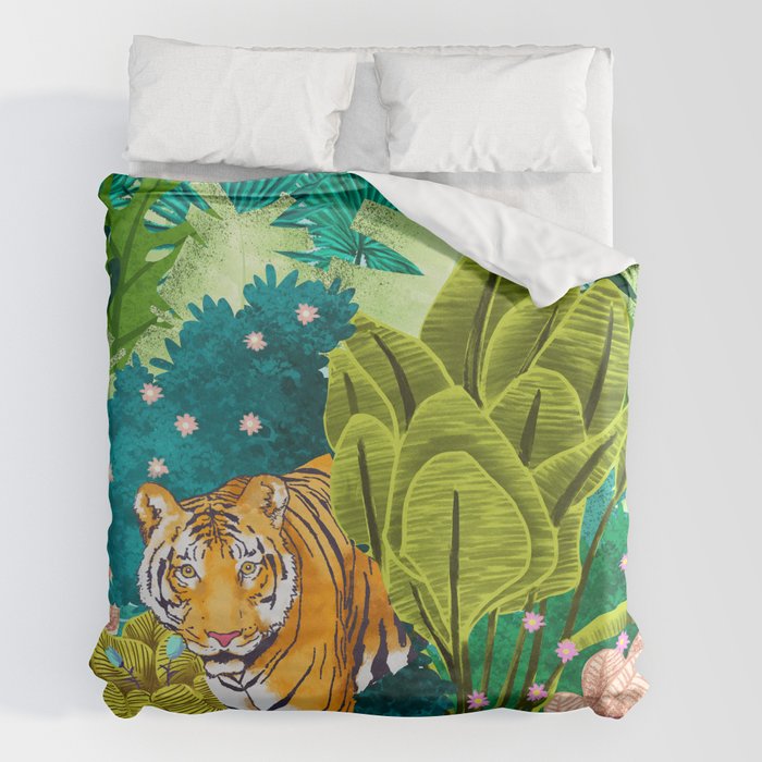 Jungle Tiger | Modern Bohemian Colorful Forest | Tropical Botanical Nature Watercolor Painting Duvet Cover