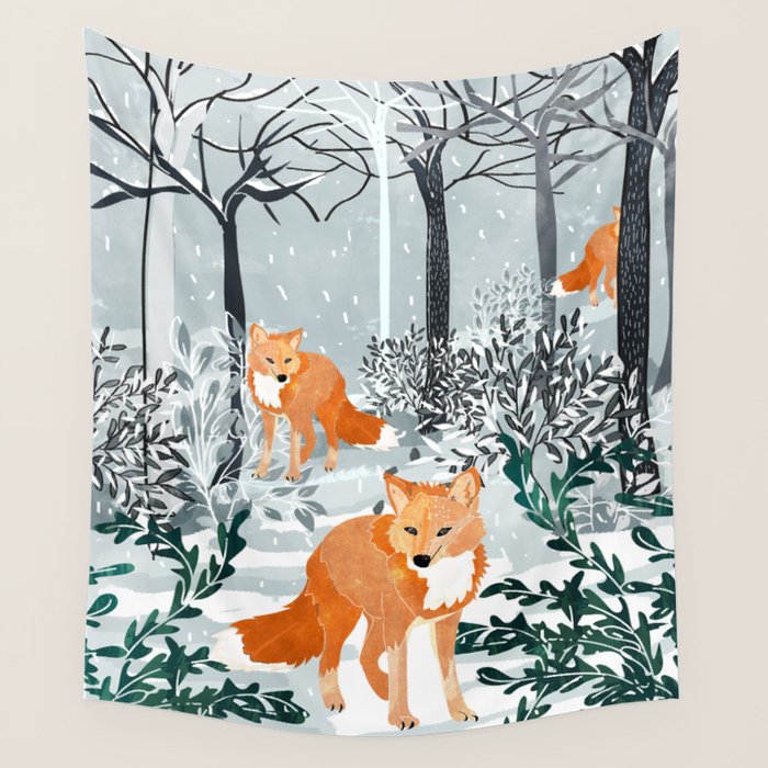 Fox Snow Walk, Animals Wildlife Winter, New Years Christmas Forest Wildlife Painting Wall Tapestry